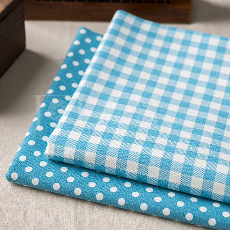 蓝色格子日韩棉麻布料手工窗帘桌布抱枕沙发面料野餐垫背景挂布艺