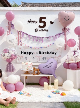 INS暮光紫色女孩儿童生日布置网纱挂布KT板气球背景场景氛围感2岁