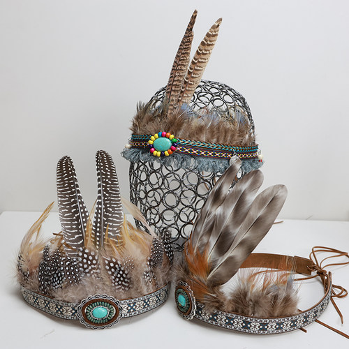 新款野人羽毛头饰 非洲部落发带印第安酋长头饰儿童表演拍摄道具