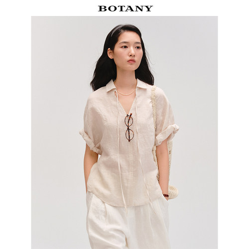 BOTANY30高档品质100色织条纹亚麻系带衬衫
