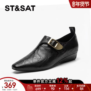 星期六尖头深口单鞋女款2026春季新款黑色羊皮乐福鞋女鞋子配裙子