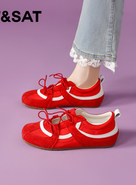 星期六红色芭蕾德训鞋女新款夏季百搭休闲运动鞋轻便透气镂空女鞋