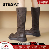 星期六美拉德靴子女长筒靴2025新款 秋冬棕色高筒西部裤 管骑士长靴