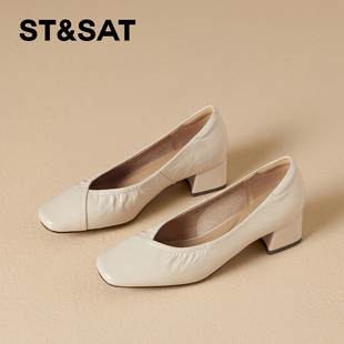 星期六休闲风褶皱方头粗跟工作鞋女2026春季新款中跟舒适浅口单鞋