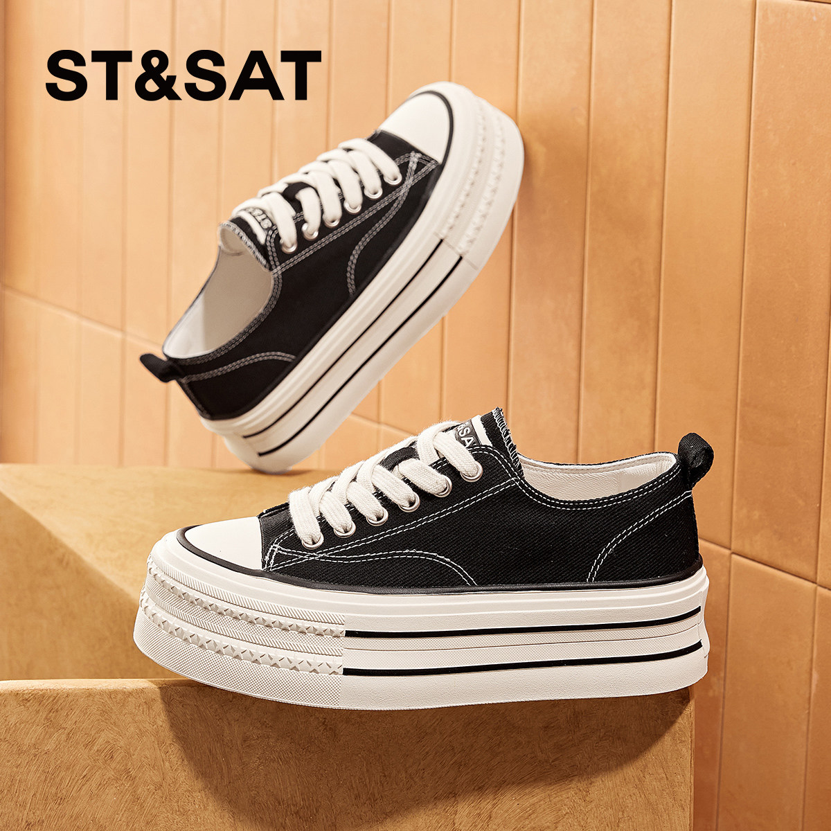 星期六厚底帆布鞋女款增高鞋新款松糕透气板鞋百搭小白鞋子【直】