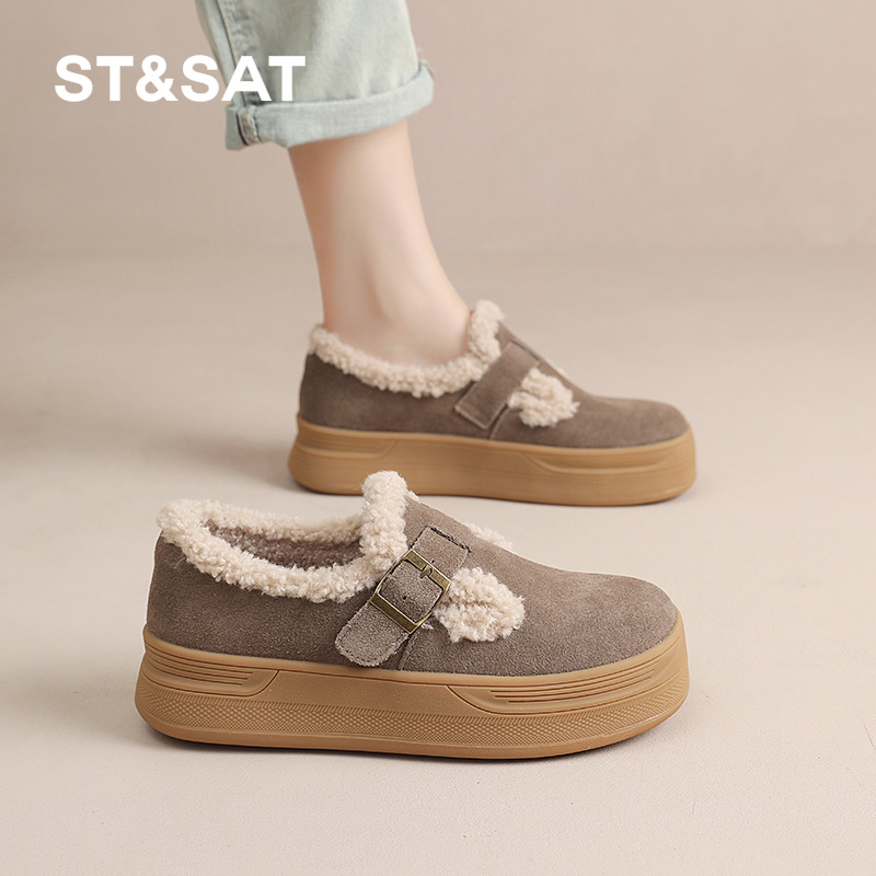 星期六全包勃肯鞋女款2025新款冬季加绒保暖真皮毛毛鞋小个子棉鞋