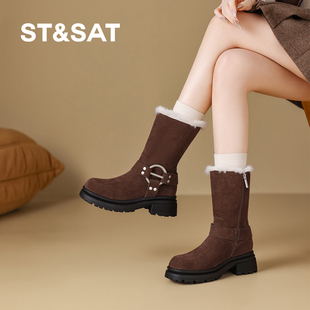 星期六2025新款冬季加绒厚底雪地靴女巨好看女士高级感粗跟短靴女