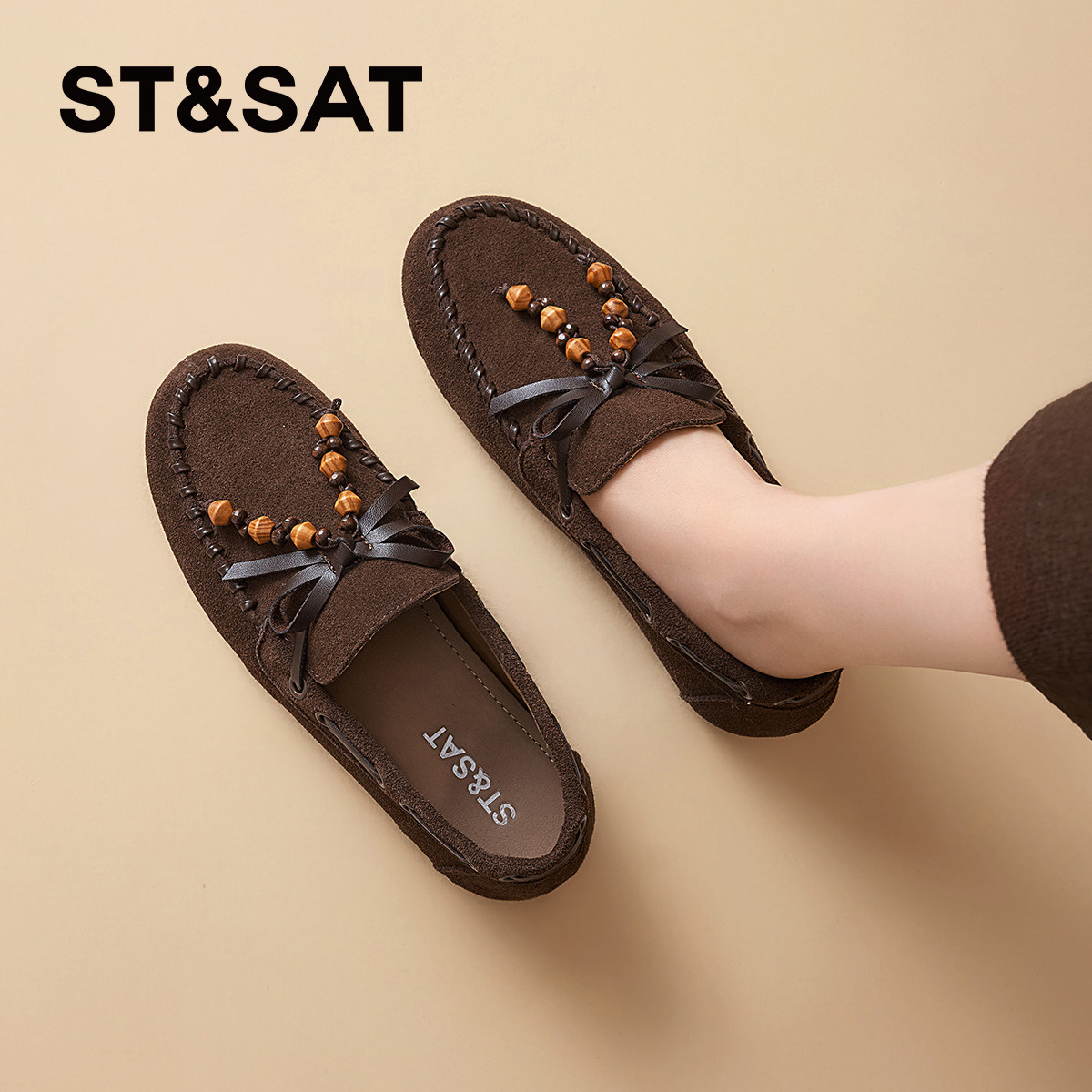 星期六豆豆鞋女春季新款复古百搭懒人一脚蹬乐福鞋老钱风流苏单鞋