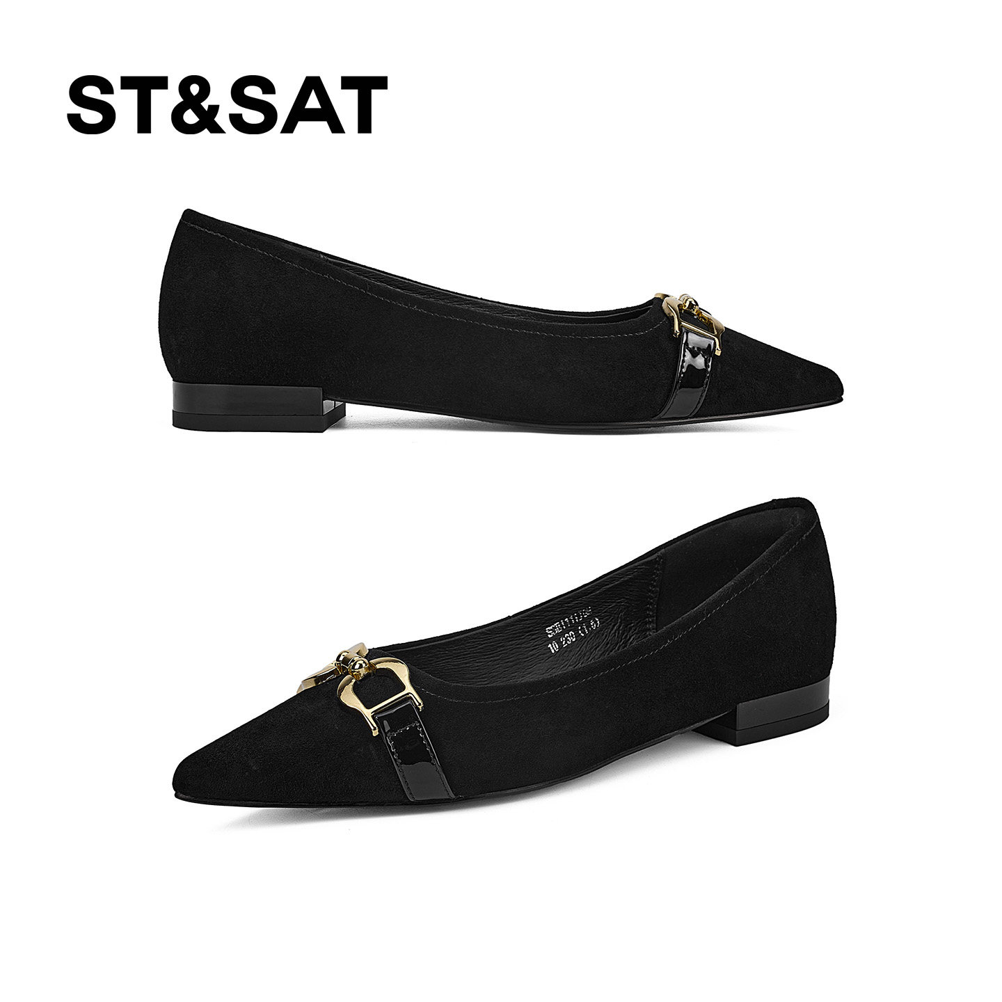 星期六2026新款浅口女单鞋真皮粗跟一脚蹬金属扣饰黑色低跟通勤鞋