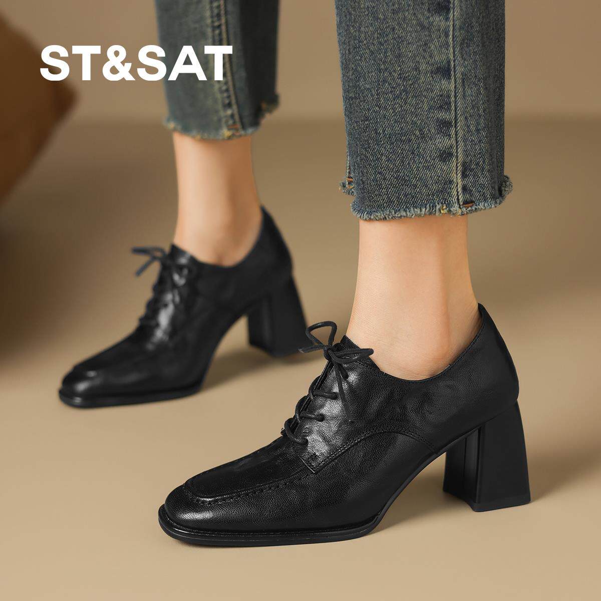 星期六新款复古系带高跟单鞋女粗跟不累脚软底气质百搭通勤【直】