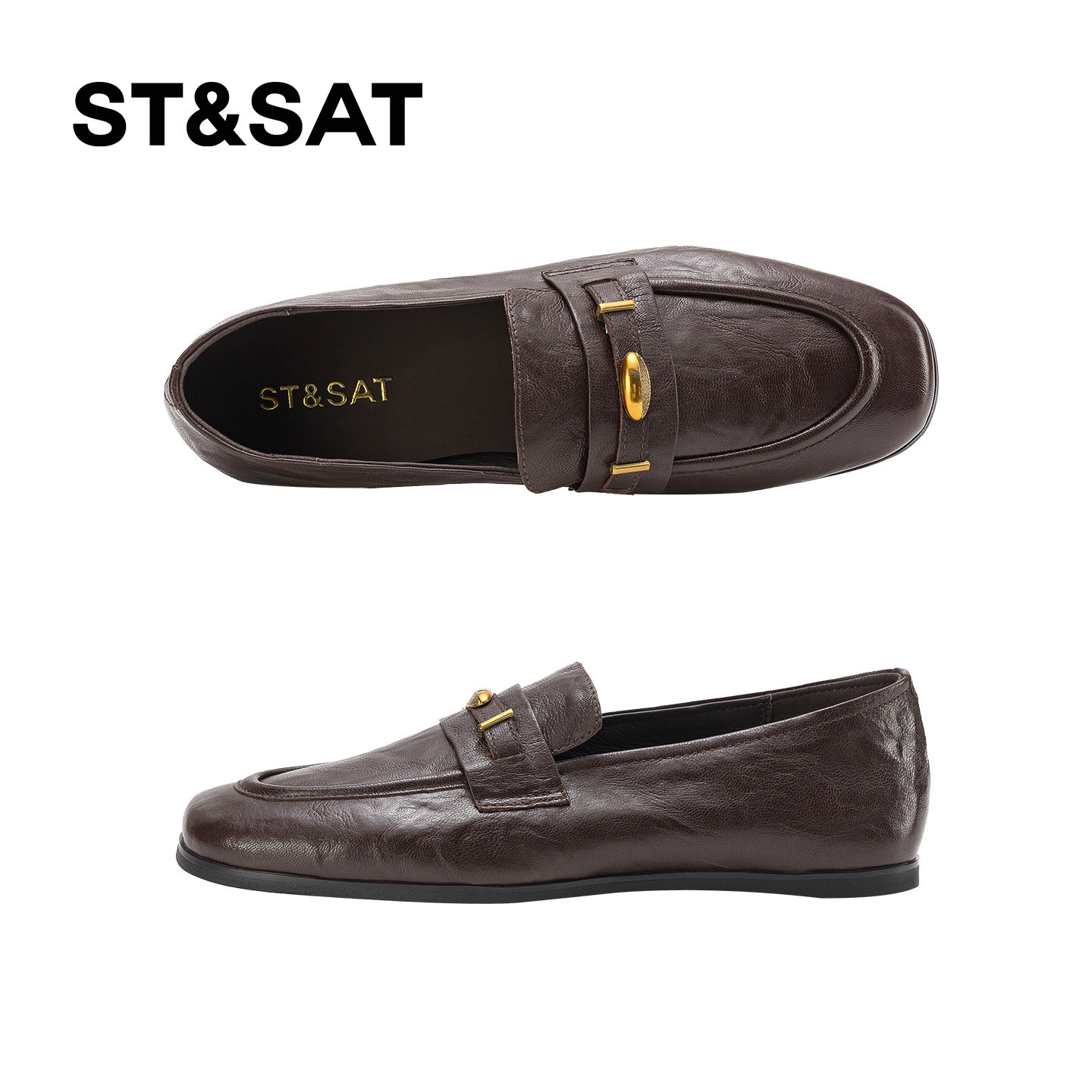 星期六英伦风圆头真皮乐福鞋女一脚蹬舒适软底平底深口单鞋不累脚