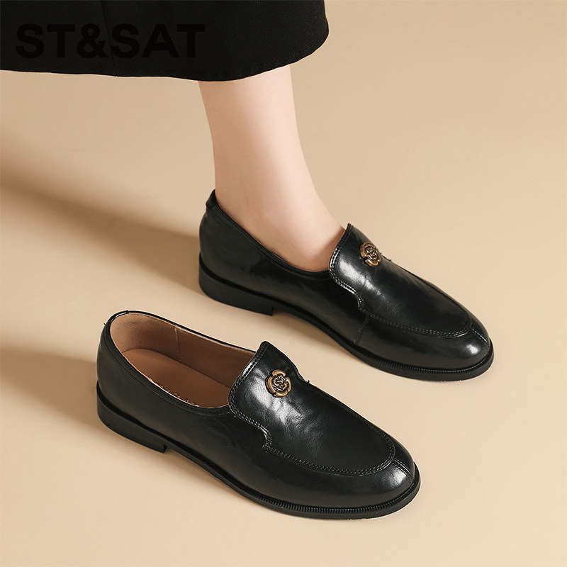 星期六法式复古真皮圆头平跟凉鞋轻奢女鞋浅口时尚通勤气质单鞋女