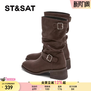 复古粗跟时装 英伦风圆头时尚 靴 新款 星期六厚底短筒靴女2025年春季