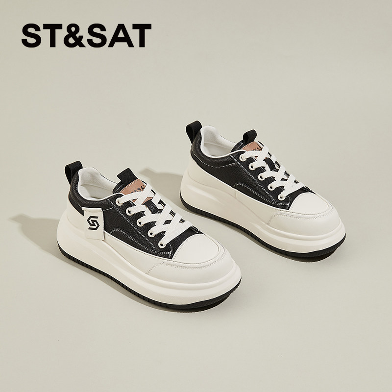 星期六厚底板鞋女新款春季透气增高黑色时尚百搭运动休闲鞋小白鞋