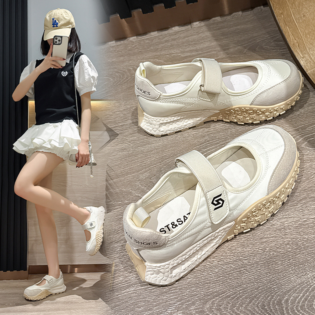 星期六厚底玛丽珍鞋女2025夏季新款魔术贴透气百搭休闲板鞋浅口鞋