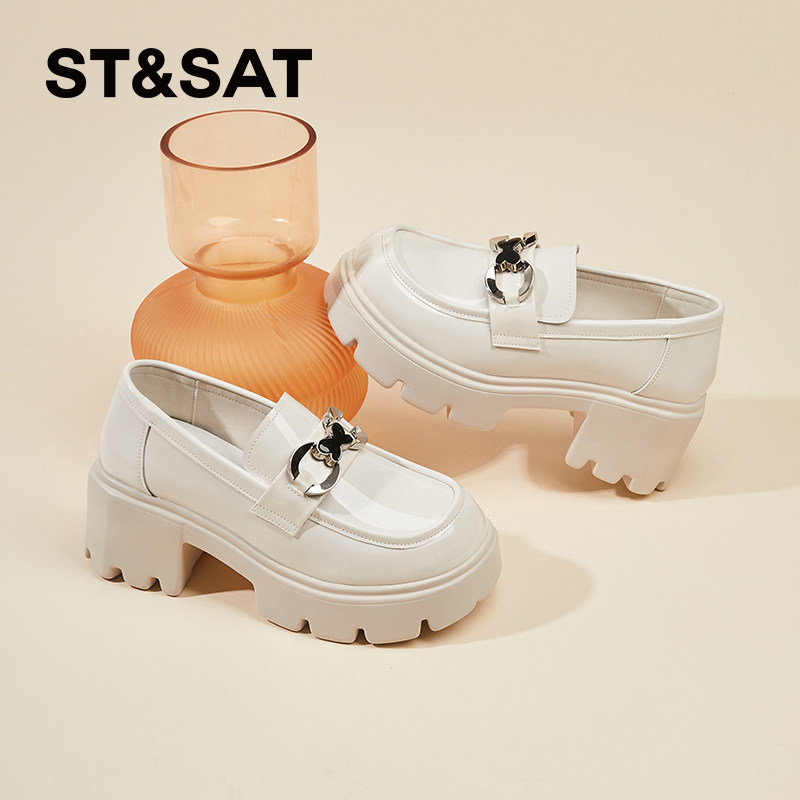 星期六巨好看绝美单鞋女春季新款白色英伦风小皮鞋厚底高跟乐福鞋