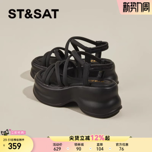 小个子厚底增高休闲松糕凉鞋 星期六黑色罗马凉鞋 外穿新款 夏季 女款