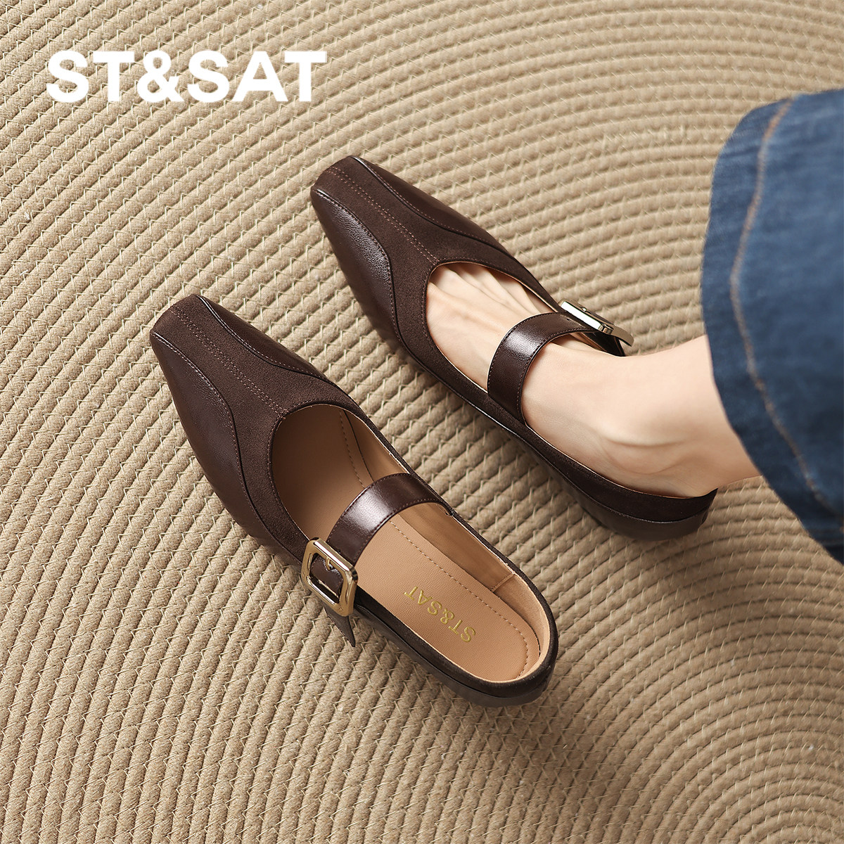 星期六羊皮单鞋女新款棕色法式绒面瓢鞋粗跟通勤玛丽珍女鞋子