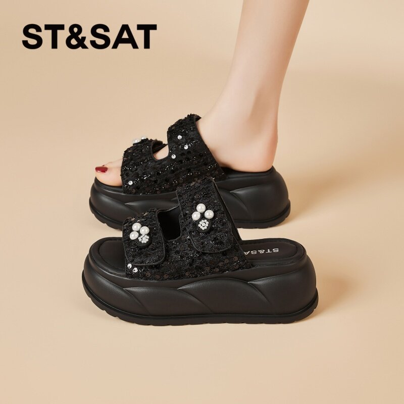 星期六黑色厚底凉拖鞋女外穿夏季新款超火亮片拖鞋绝美增高一字拖