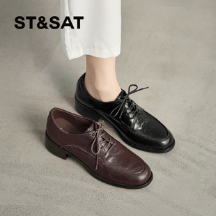 星期六乐福鞋女春季英伦复古系带小皮鞋圆头粗跟羊皮深口单鞋黑色