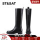 星期六全牛皮高筒靴女2025秋冬粗跟圆头黑色英伦风显瘦不过膝长靴
