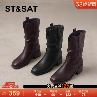 星期六加绒短靴女款2025新款冬季切尔西方头复古堆堆靴时尚西部靴