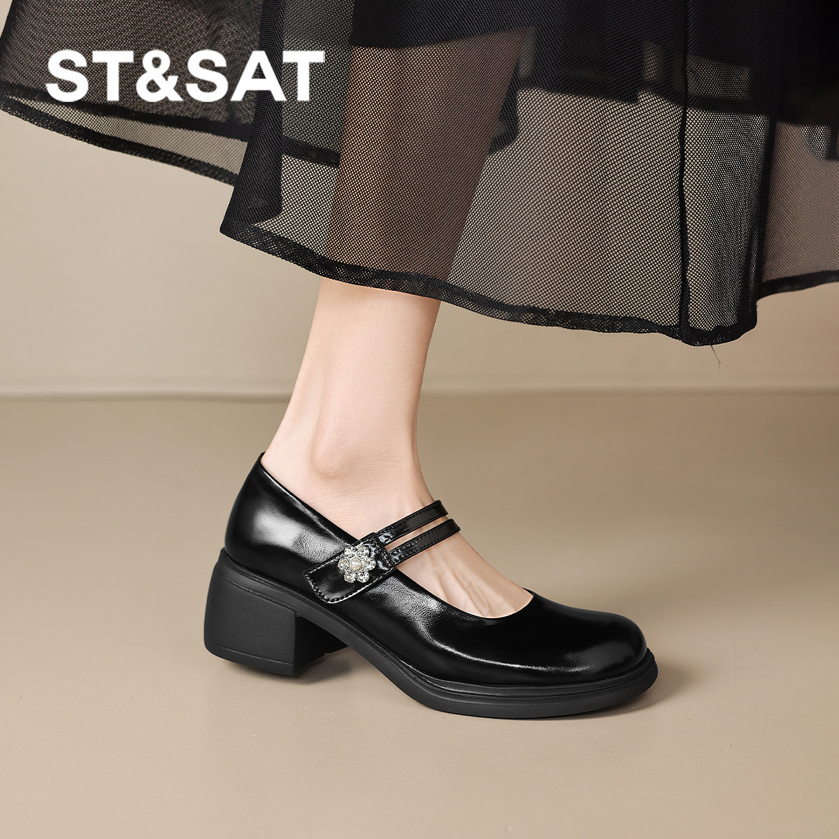 星期六高跟玛丽珍鞋女2026新款春季配裙子小皮鞋黑色粗跟浅口单鞋