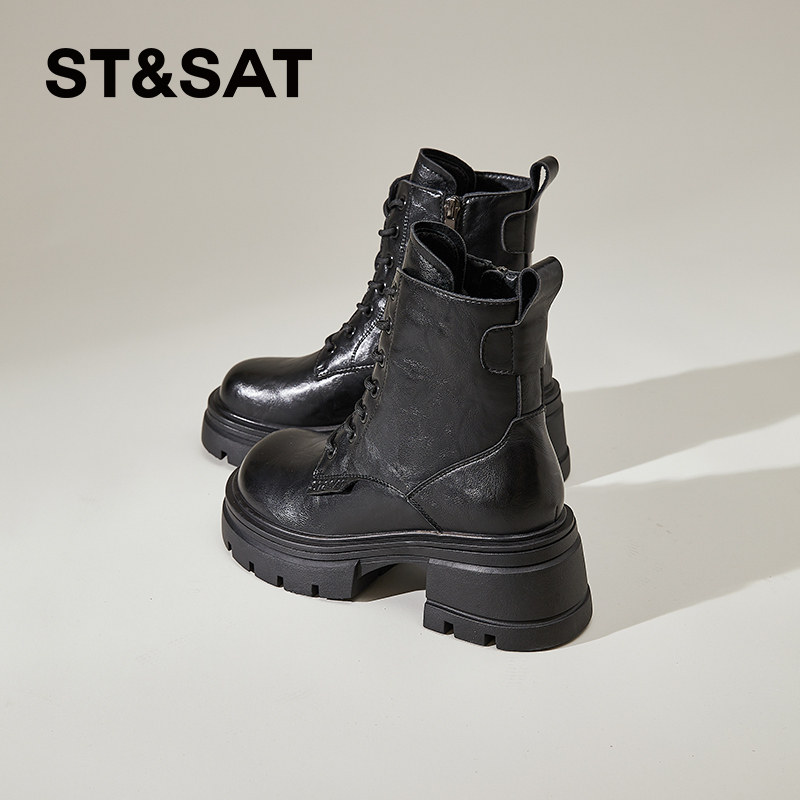 星期六加绒短靴女秋冬季2025年新款防寒高跟马丁靴英伦风机车靴子