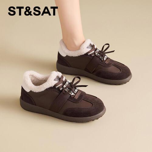 星期六冬加绒保暖德训鞋女拼色水钻系带厚底女毛毛棉鞋SSF411SP14