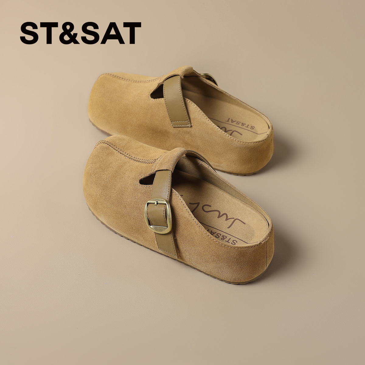 星期六真皮软底厚底勃肯鞋半拖鞋女2025秋季新款一脚蹬博肯软木鞋