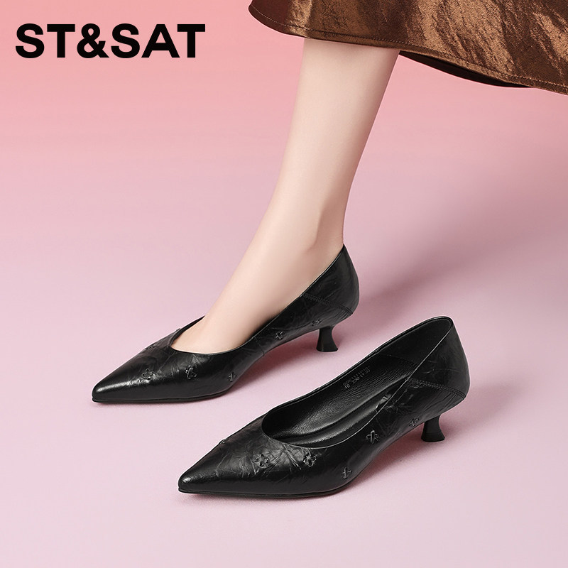 星期六新款通勤风尖头细跟浅口单鞋气质不累脚休闲百搭舒适高跟鞋