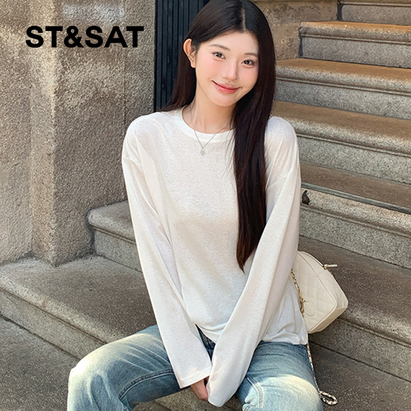星期六白色长袖t恤女2026新款早春漂亮穿搭女款轻薄透气休闲罩衫Z