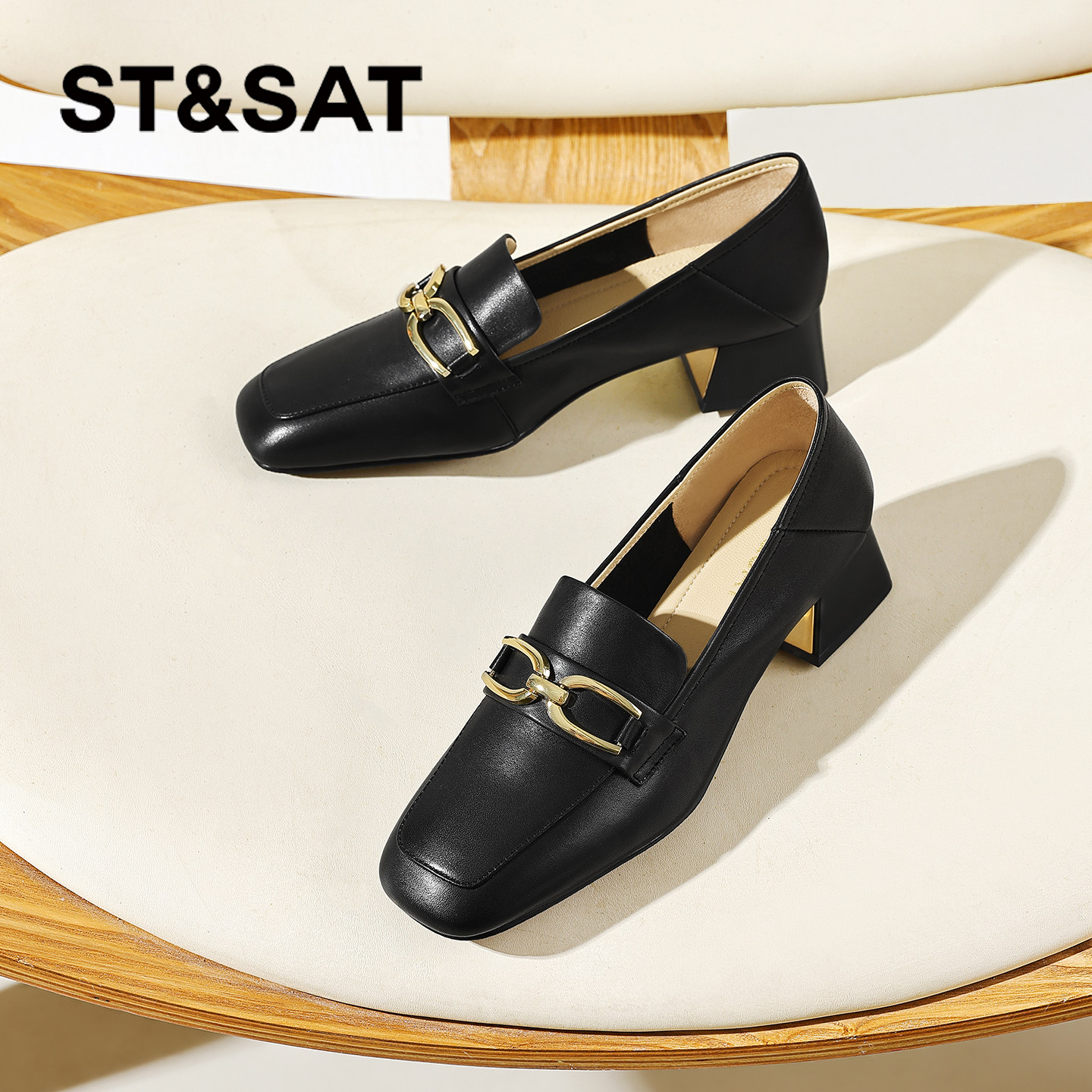 星期六乐福女士小皮鞋新款夏季一脚蹬黑色单鞋粗跟软底工作鞋