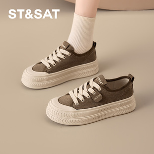 星期六女鞋加绒帆布鞋女款2025新款冬季厚底增高运动板鞋棕色鞋子