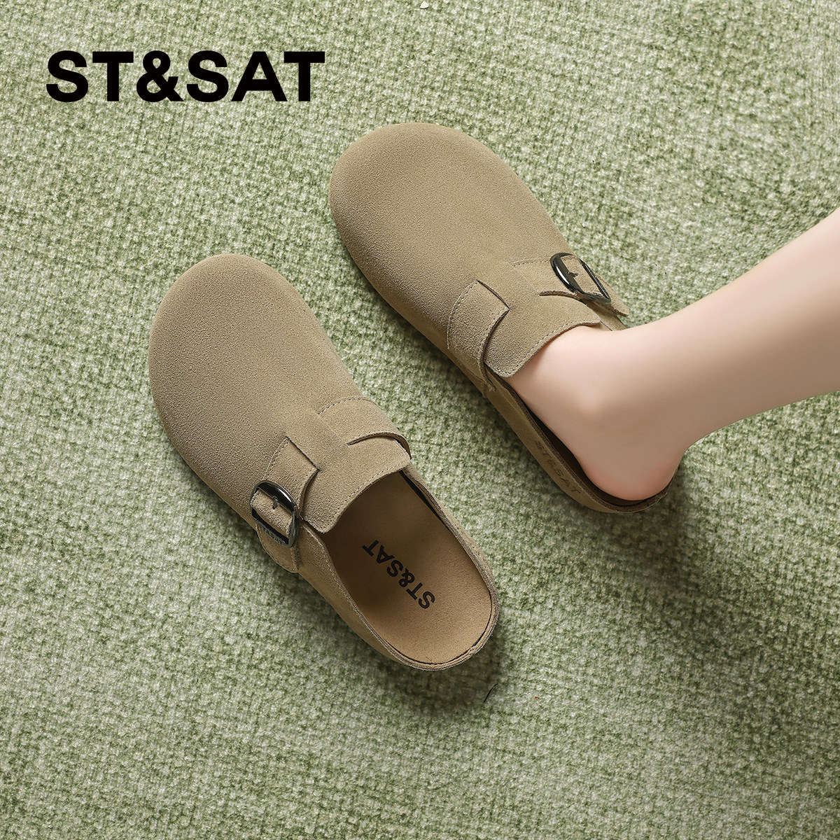 星期六真皮软底勃肯鞋女款春夏新款复古懒人一脚蹬厚底增高单鞋子