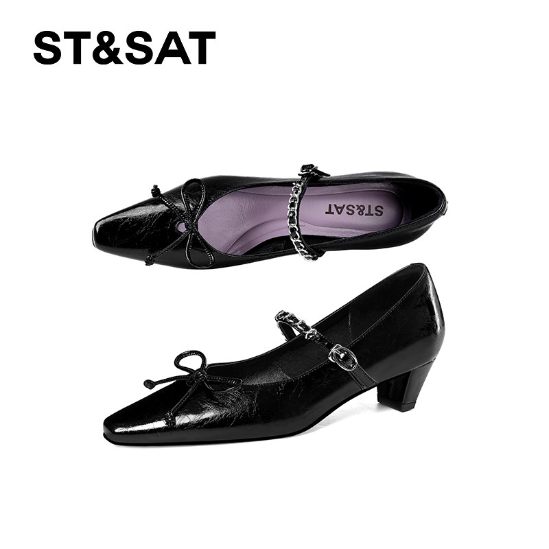 星期六黑色玛丽珍鞋女2025年方头粗跟蝴蝶结单鞋法式浅口优雅女鞋