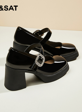 星期六粗跟黑色高跟鞋女款新款春季法式玛丽珍单鞋气质英伦小皮鞋