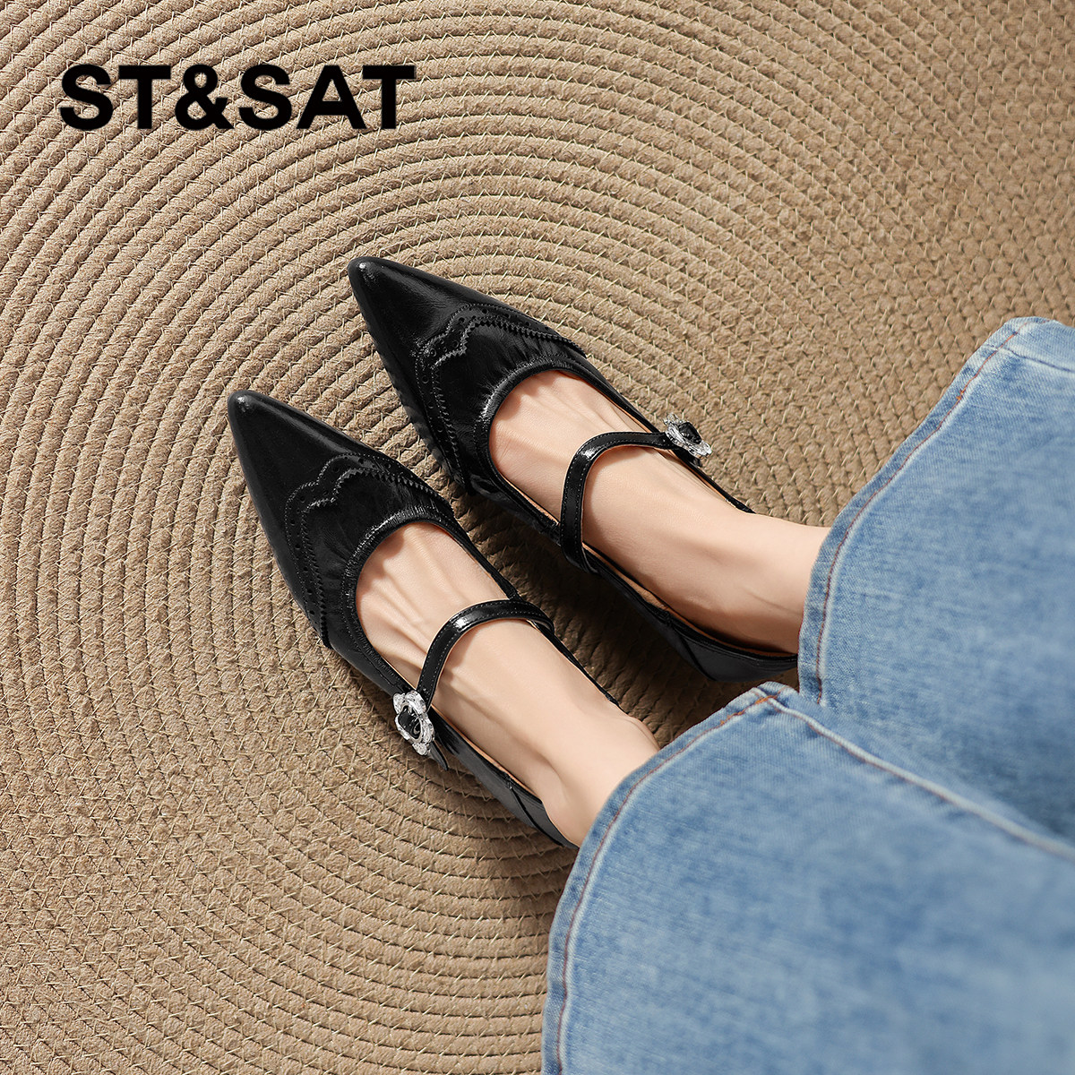 星期六尖头浅口单鞋女2026新款春季法式玛丽珍女鞋黑色平底小皮鞋