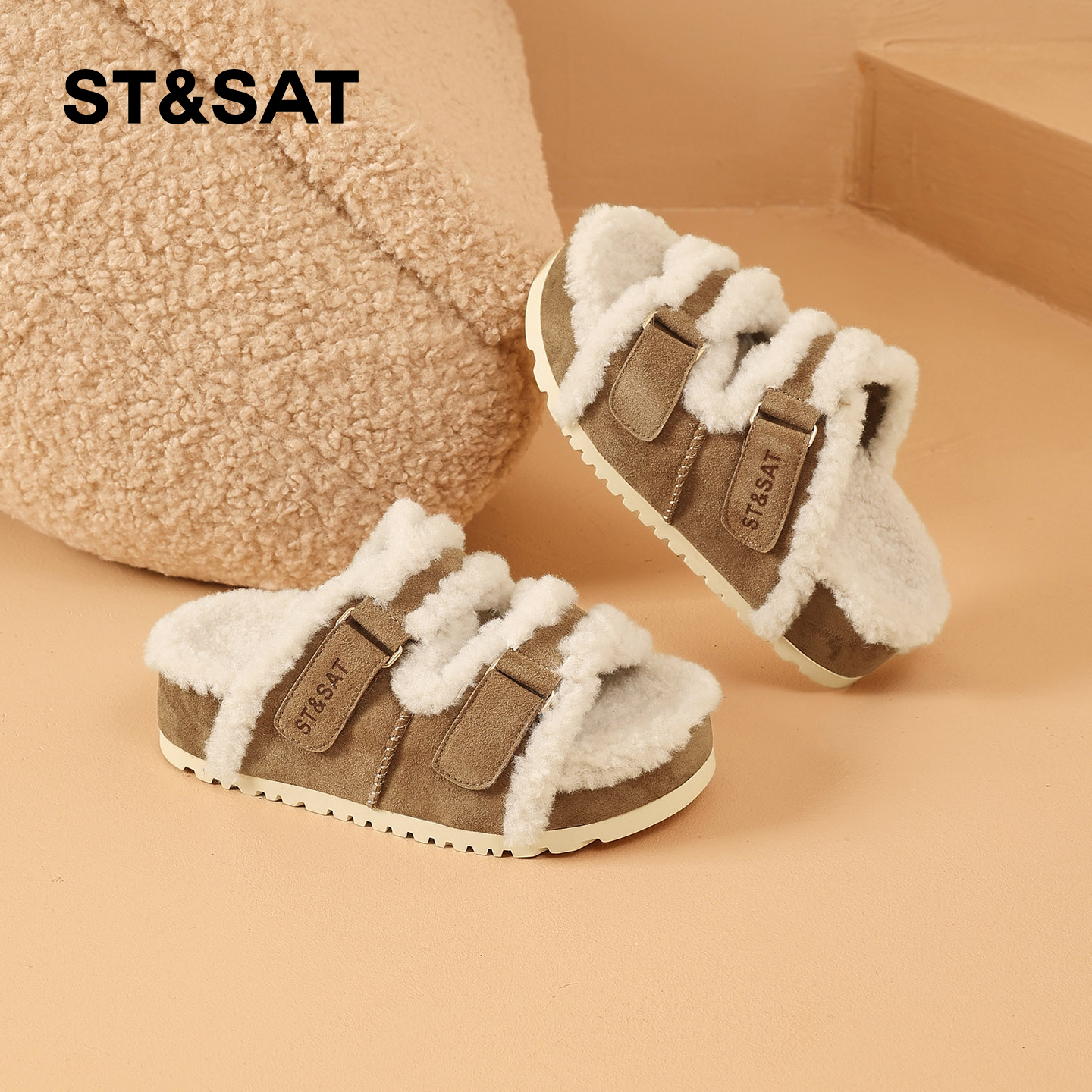 星期六毛毛拖鞋女外穿2025冬季新款厚底搭扣加绒勃肯棉拖加厚棉鞋