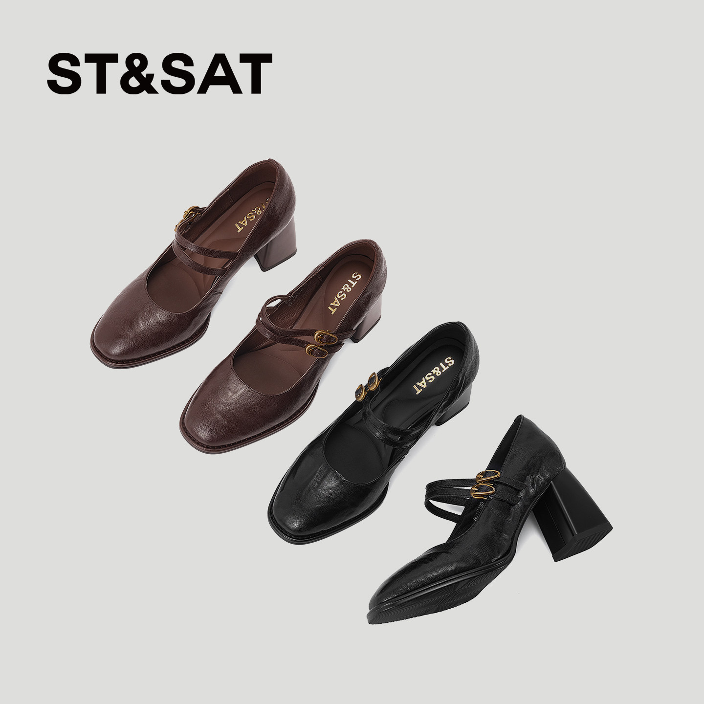 星期六法式复古玛丽珍鞋女粗跟真皮一字扣高跟鞋小个子不累脚单鞋