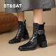 星期六2025新款 黑色粗跟短靴女皮带扣瘦瘦靴气质百搭高级感时装 靴