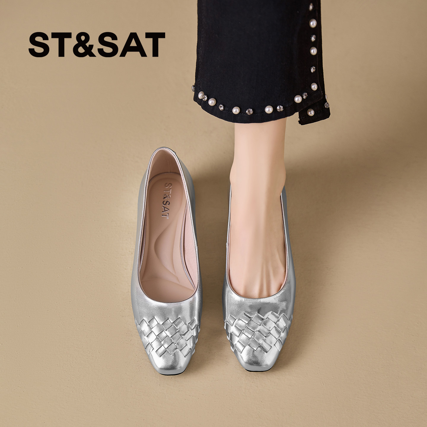 星期六2026春季新款法式编织方头浅口单鞋女中粗跟3CM银色通勤鞋