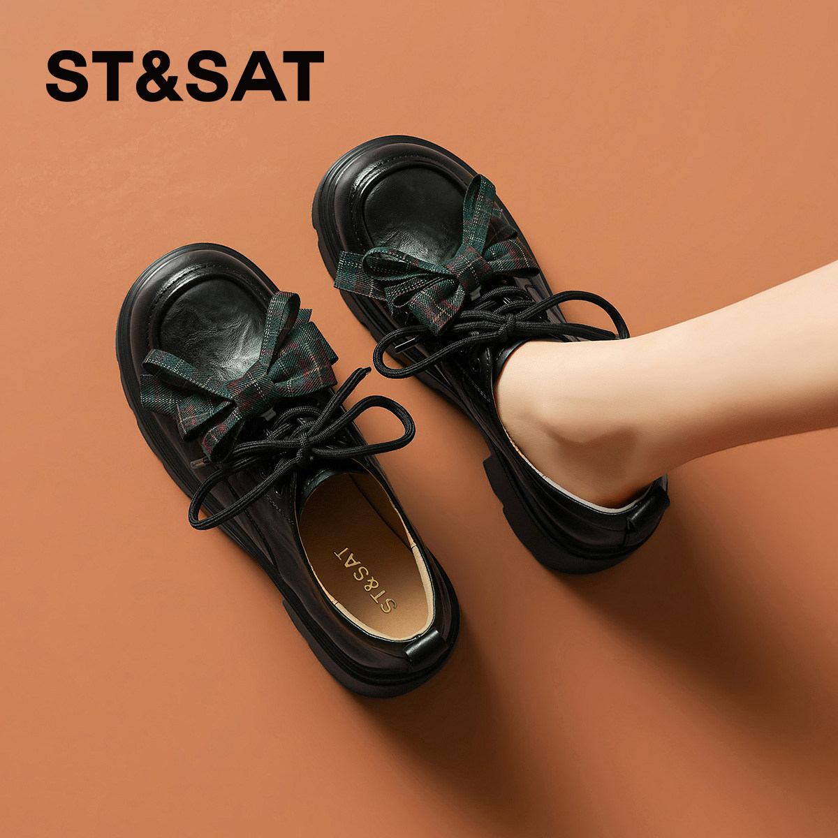 星期六真皮黑色乐福鞋粗跟单鞋女款2026夏季新款厚底通勤小皮鞋子