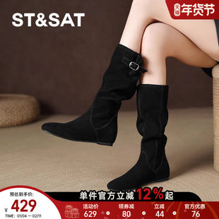 星期六堆堆靴女秋冬新款平底长筒靴内增高西部牛仔靴骑士靴子
