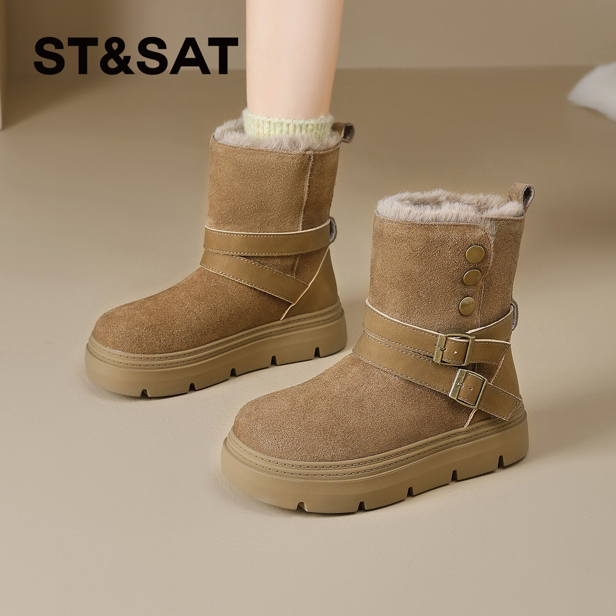 星期六女厚底加绒防滑雪地靴