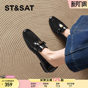 女新款 皮鞋 春季 单鞋 一脚蹬黑色平底工作鞋 星期六山茶花乐福鞋