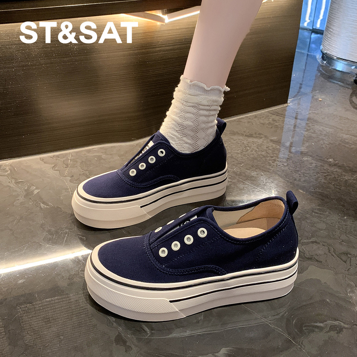 星期六内增高板鞋帆布鞋女2025新款厚底一脚蹬超火透气内增高休闲