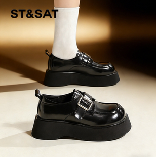 星期六厚底乐福鞋女鞋春季新款复古黑色鞋子女士显脚小方头增高鞋