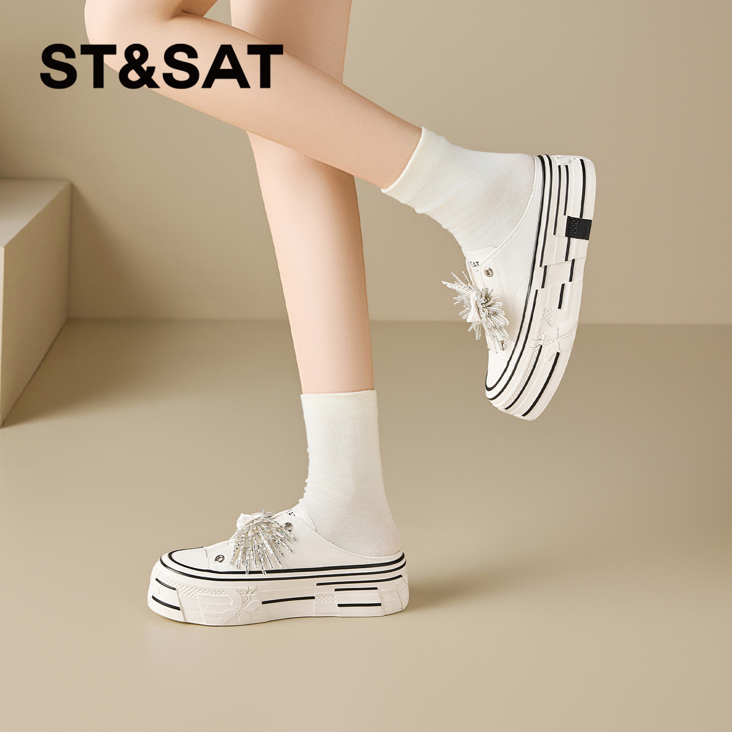 星期六包头半拖鞋女款2026新款夏季厚底外穿百搭一脚蹬休闲小白鞋