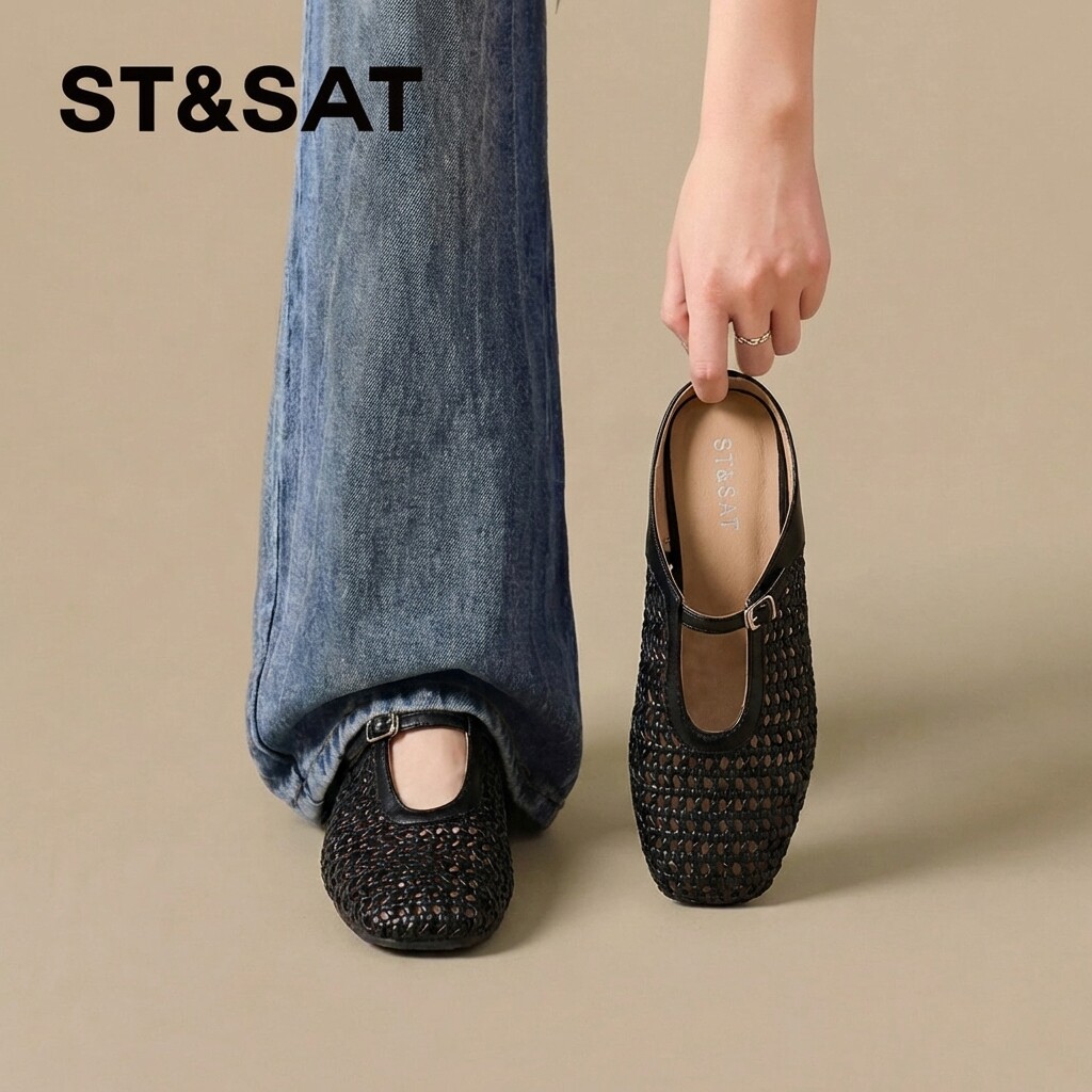 星期六包头半拖鞋女款2026新款夏外穿一脚蹬透气黑色编织休闲鞋女